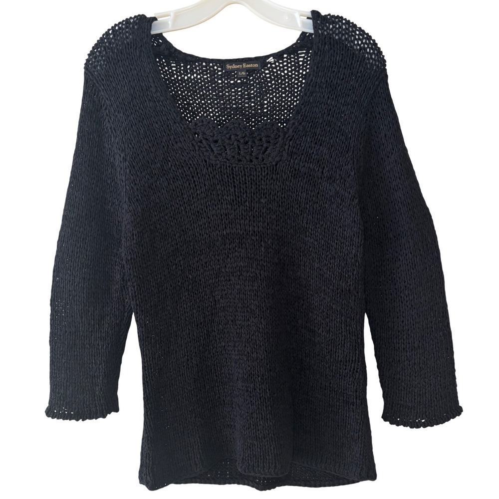 Sydney Easton Black Crochet Knit Sweater L Lightweight Beach Cover Up Sheer Boho